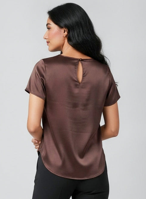 Brown Short Sleeve Satin Top