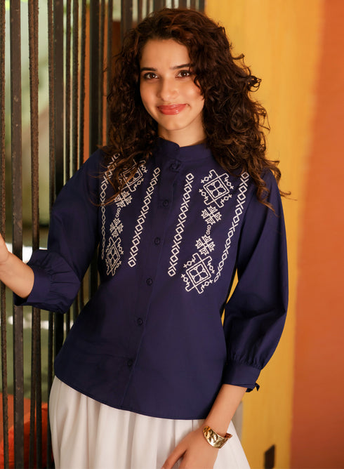 Navy Blue Cotton Neckline Embroidered Top