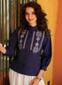 Navy Blue Cotton Neckline Embroidered Top