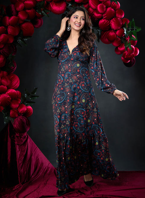 Deep V Neck Printed Short Dress