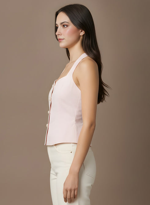 Light Pink Strap Detail Buttoned Top