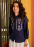 Navy Blue Cotton Neckline Embroidered Top