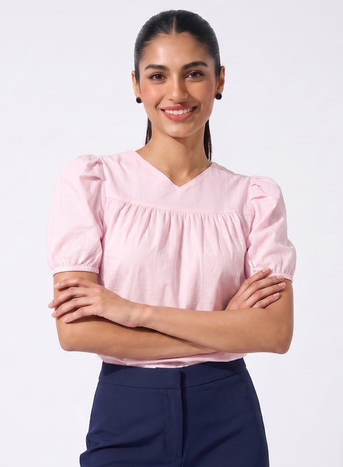 Pink Slight V Neck Cotton Top