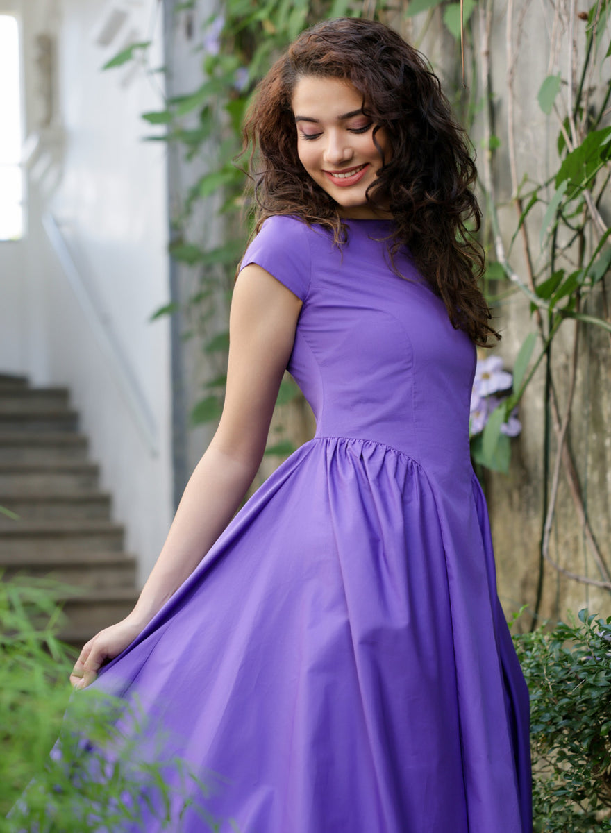 Side Gathered-Sleeve Extended Cotton Purple Dress – Zigzag