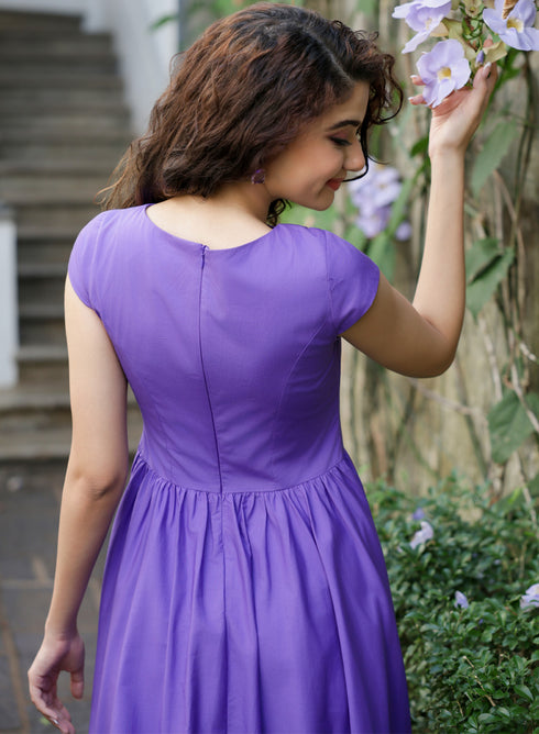 Side Gathered-Sleeve Extended Cotton Purple Dress