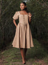 Beige Square Neck Front Corded Cotton Dress