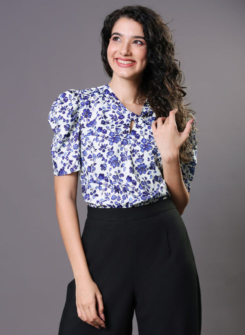 Blue Floral Printed Front Knot Top