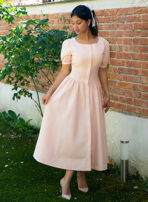 Pink Sleeve Detailed Cotton Dress