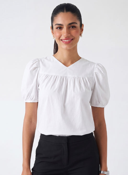 White Slight V Neck Cotton Top