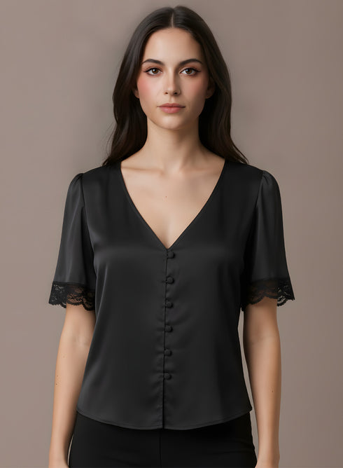 Black Lace Detail Buttoned Satin Top