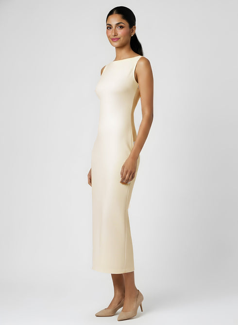 Beige Sleeveless High Neck Bodycon Dress