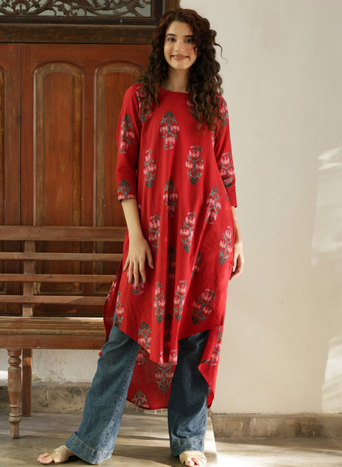 Round Neck Printed Half Sleeve Red Kurtha