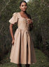 Beige Square Neck Front Corded Cotton Dress