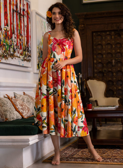 Sweetheart Neck Sleeve Tie Printed Dress