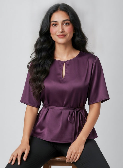 Purple Flared Sleeve Waist Tie Top