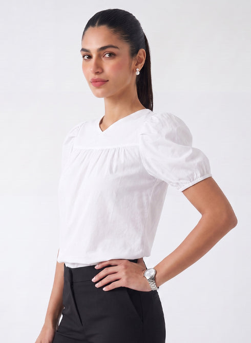 White Slight V Neck Cotton Top