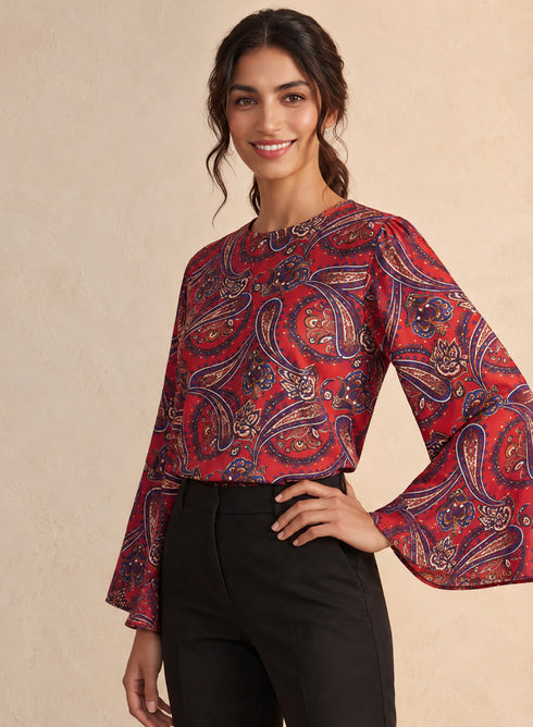 Red Base Printed Sleeve Flared Top