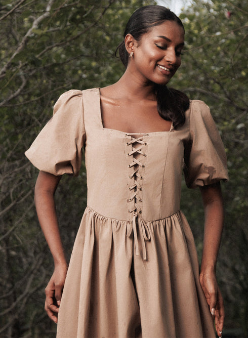 Beige Square Neck Front Corded Cotton Dress