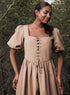 Beige Square Neck Front Corded Cotton Dress
