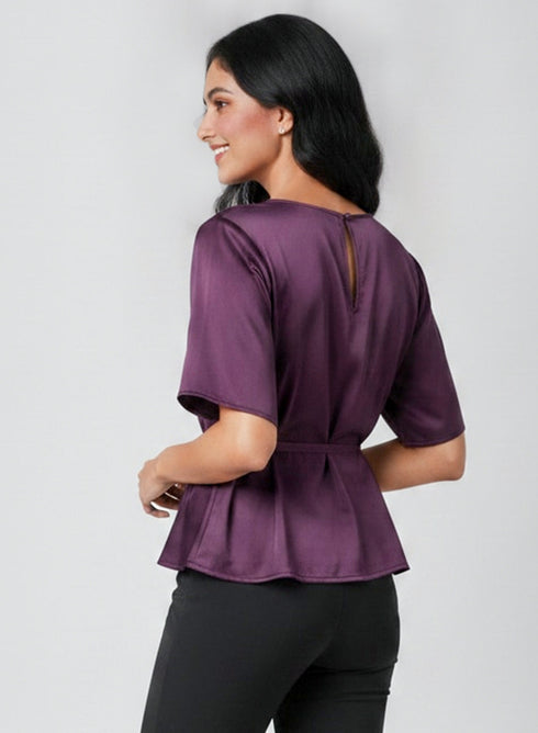 Purple Flared Sleeve Waist Tie Top