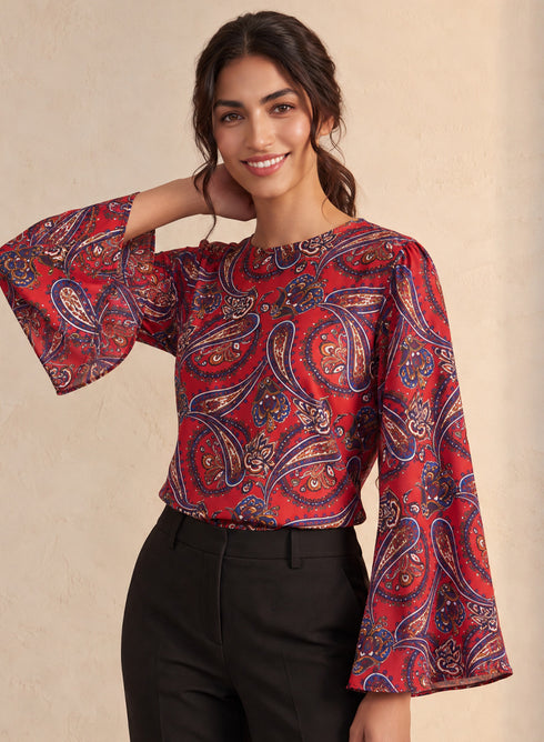 Red Base Printed Sleeve Flared Top
