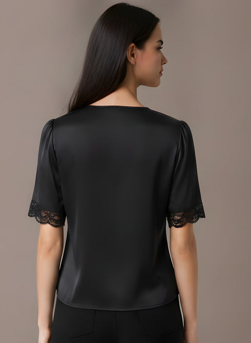 Black Lace Detail Buttoned Satin Top