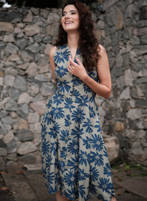 Blue Printed Front Buttoned Cotton Dress
