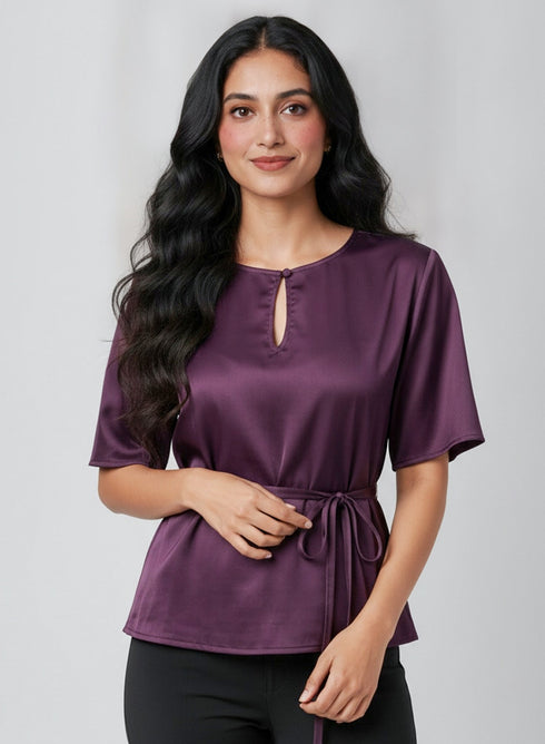 Purple Flared Sleeve Waist Tie Top
