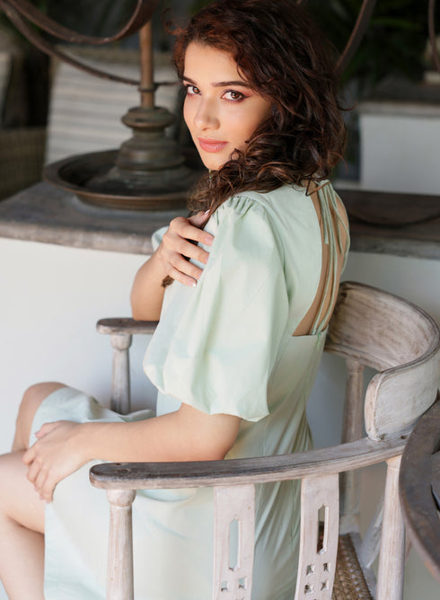 Back Tie Cotton Light Green Dress