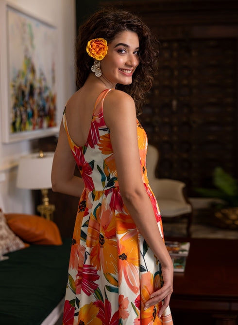 Sweetheart Neck Sleeve Tie Printed Dress