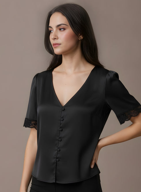 Black Lace Detail Buttoned Satin Top