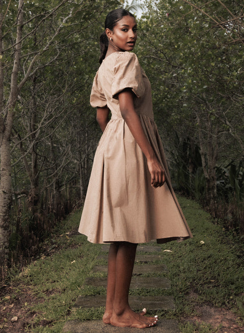 Beige Square Neck Front Corded Cotton Dress