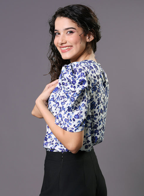 Blue Floral Printed Front Knot Top