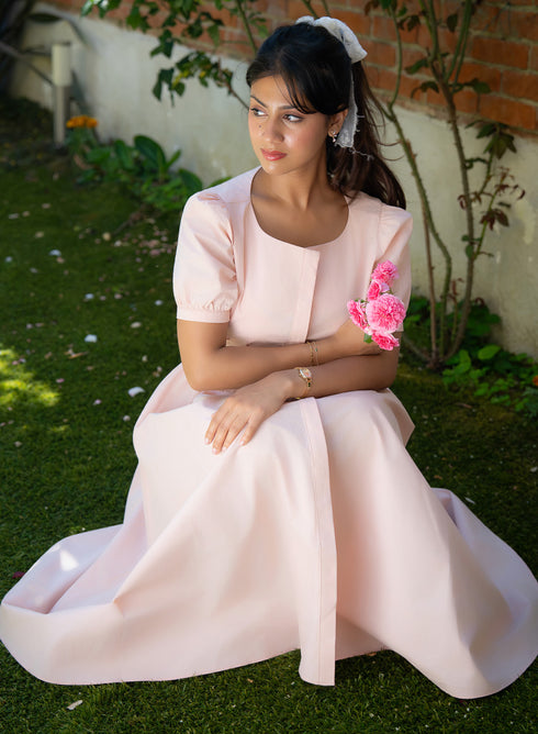 Pink Sleeve Detailed Cotton Dress