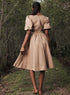 Beige Square Neck Front Corded Cotton Dress