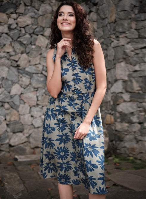 Blue Printed Front Buttoned Cotton Dress