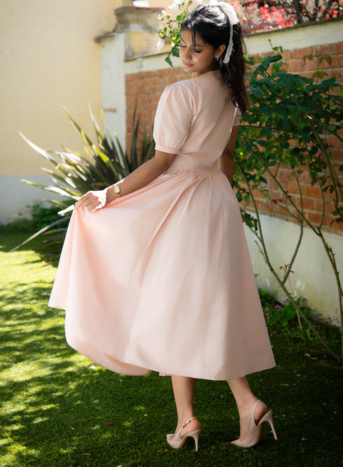 Pink Sleeve Detailed Cotton Dress