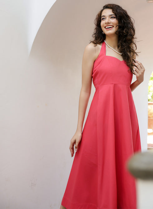 Halter Sweetheart Neck Cotton Red Dress
