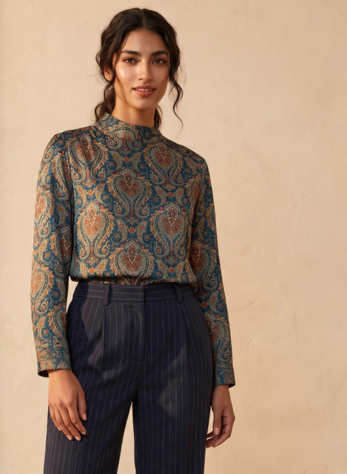 Green Printed Long Sleeve Chiffon Top