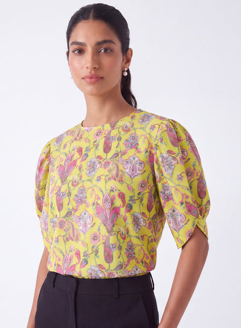 Sleeve Detailed Chiffon Yellow Printed Top