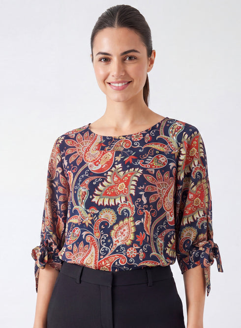 Printed Sleeve Tie Chiffon Top