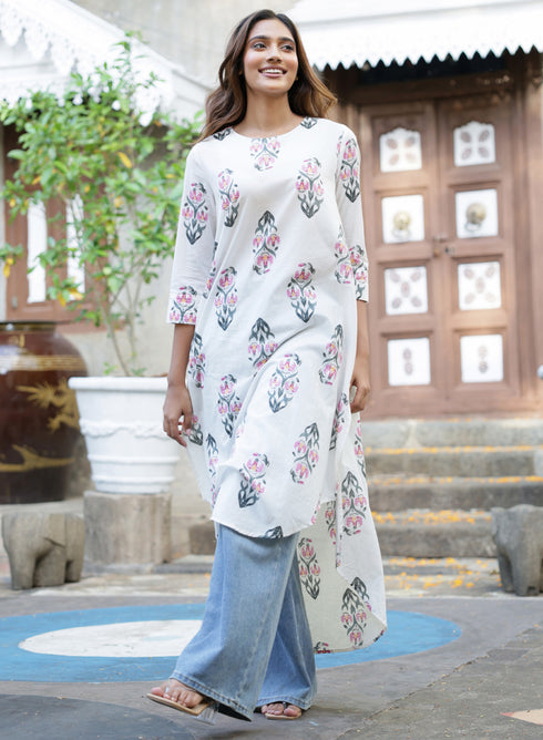 Round Neck Printed Half Sleeve Off-white Kurtha