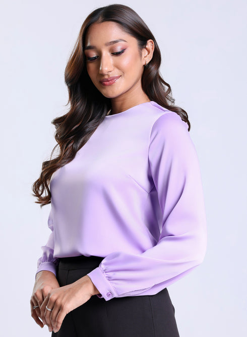 Long Sleeve Round Neck Lavender Satin Top