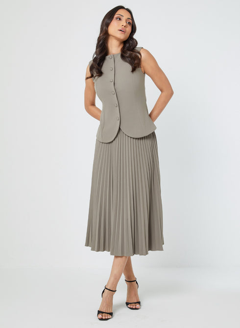 Round Neck Curved Hem Beige Top