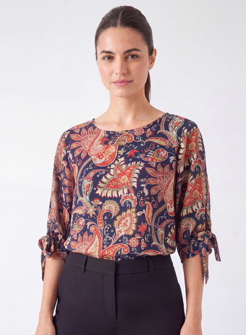 Printed Sleeve Tie Chiffon Top