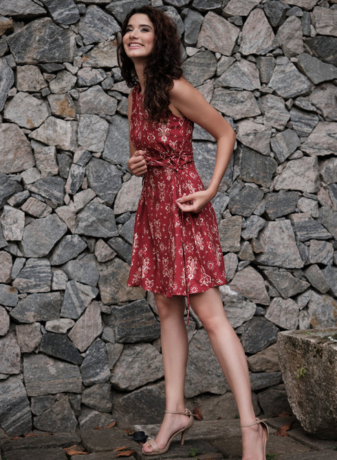 Red Printed Princess Line Corded Dress