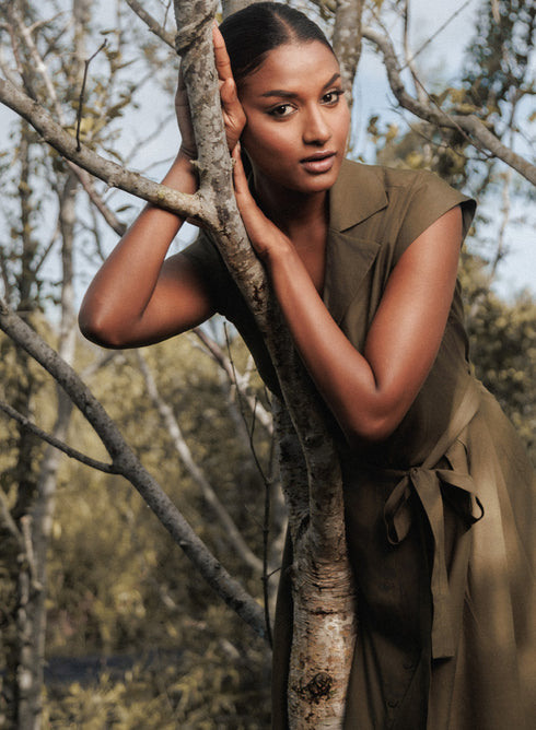 Khaki Lapel Collar Waist Tie Shirt Dress