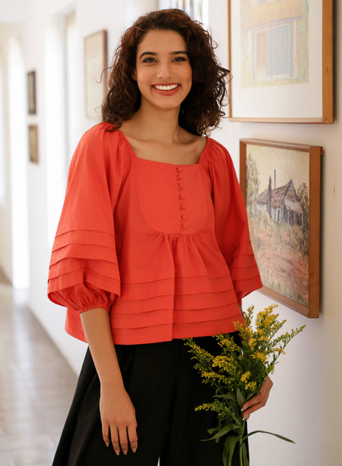 Sleeve Peplum Pintucked Cotton Orange Top