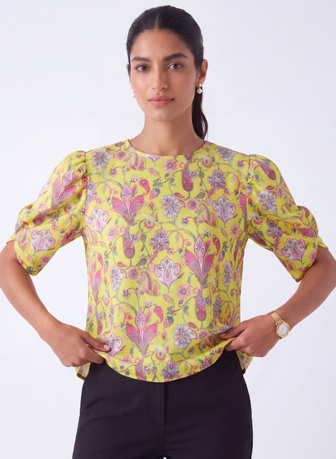 Sleeve Detailed Chiffon Yellow Printed Top