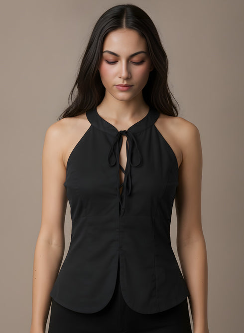 Black Halter Neck Tie Up Top